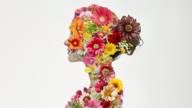 人工花を使って女性の頭部を描いたクリエイティブアート作品