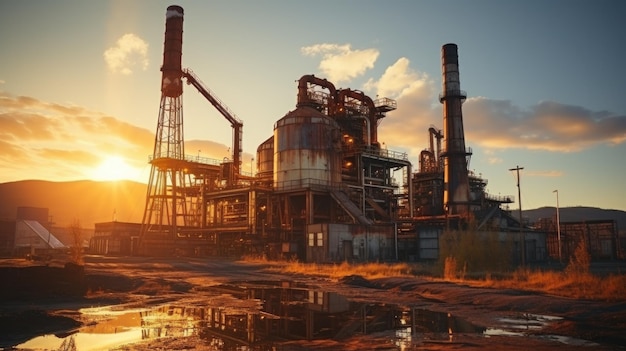 Creative artwork decoration Oil pump and oil refining factory at sunset