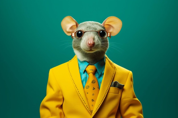 Creative artwork generative ai collage of elegant fashionable manager in yellow tux tuxedo with mouse head