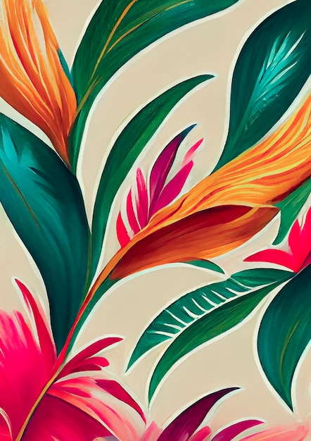 抽象的な明るいスタイルの花と熱帯の葉の創造的な背景 水彩画 花の背景 3D イラスト