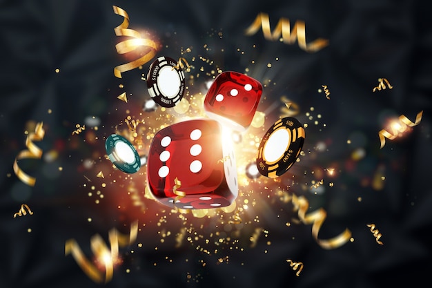 creative background, gaming dice, cards, casino chips on a dark background