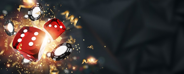 creative background, gaming dice, cards, casino chips on a dark background