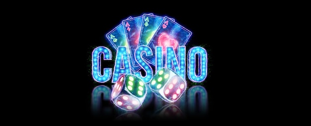 Photo creative background lettering casino, playing cards and dice neon letters on a dark background. gambling concept, leaflet, flyer, header for the site. 3d illustration, 3d rendering.