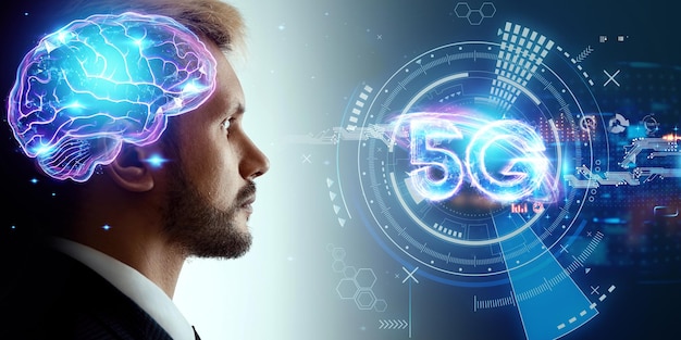 Creative background, a man, 5G hologram on the background. 5G network concept, high speed mobile internet, new generation networks. Mixed media.