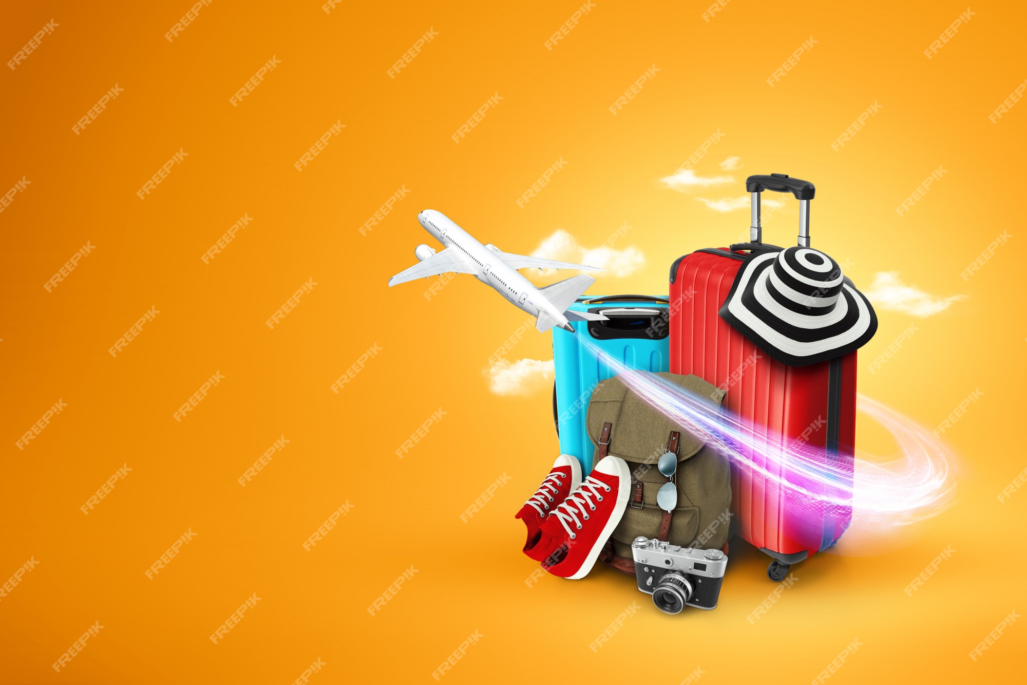 Premium Photo | Creative background, red suitcase, sneakers, plane on a  yellow background.