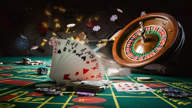 Creative background roulette gaming dice cards casino chips on a dark background