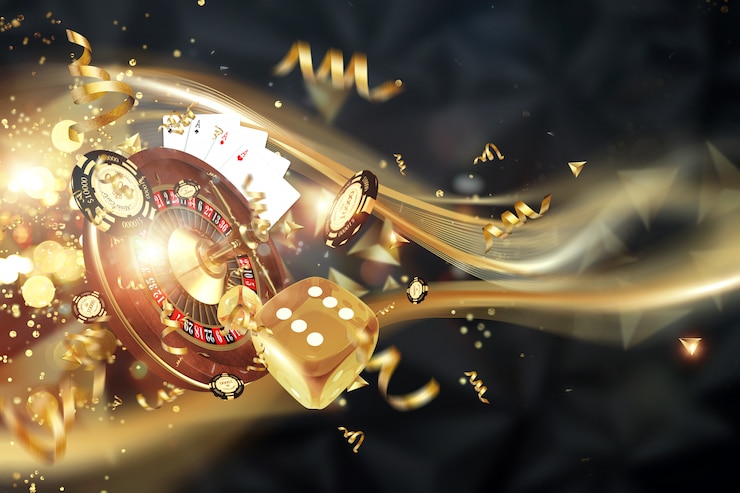 Photo creative background, roulette, gaming dice, cards, casino chips on a dark background