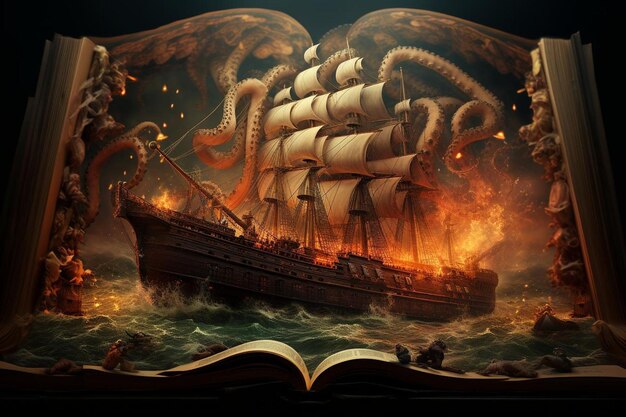 Creative background of ship and octopus coming out of a book