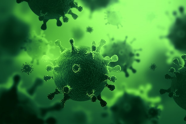 Creative background, virus molecule close-up in the body, green background