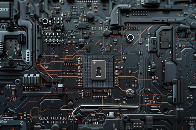 Photo a creative banner design depicting a closeup of a computer motherboard with a lock and login