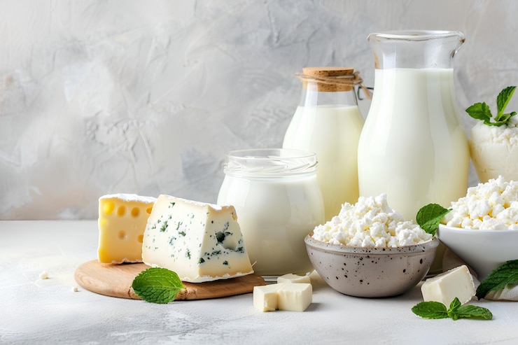Photo creative banner for healthy farm dairy products store assortment of dairy products on light table