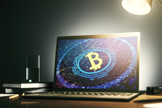 現代のコンピューターモニターの3Dレンダリング上の創造的なビットコインのコンセプト