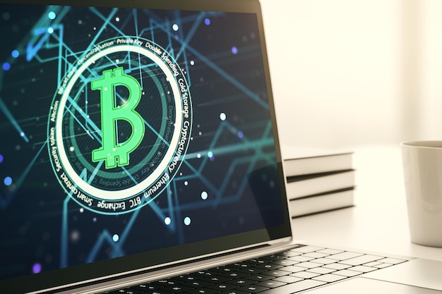 現代のコンピューターモニターの3Dレンダリング上の創造的なビットコインのコンセプト
