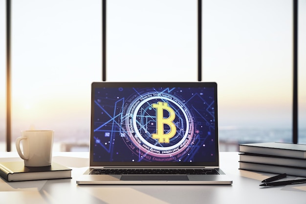최신 노트북 화면 3D 렌더링의 창의적인 Bitcoin 개념