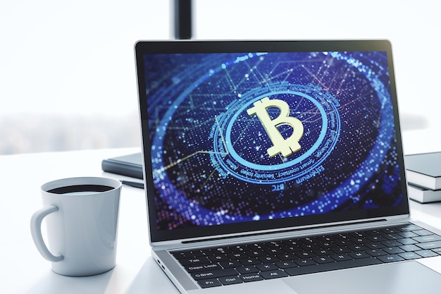 Creative Bitcoin concept on modern laptop screen 3D Rendering