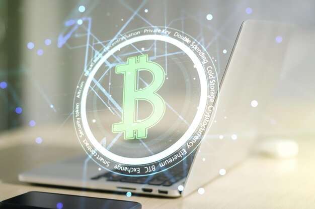 Creative Bitcoin concept with modern computer background Double exposure