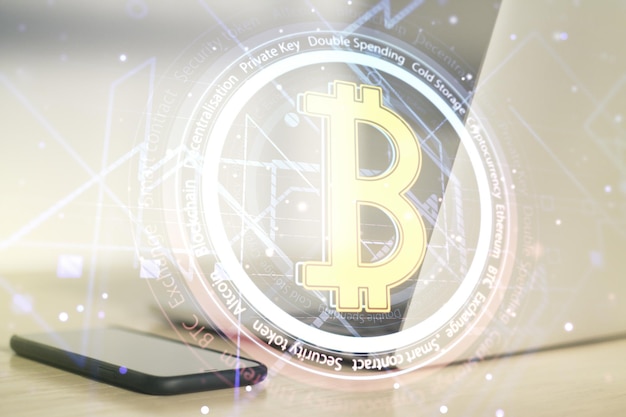 Creative Bitcoin concept with modern laptop background Multiexposure