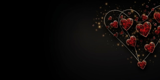 Photo creative black background with red crystal hearts located on the right and a pattern of golden curlsa place for textdesign concept and advertising for valentines day