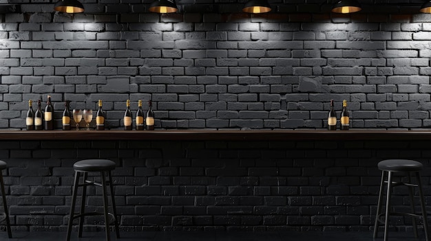 Photo creative black brick pub or bar interior with copy space on wall