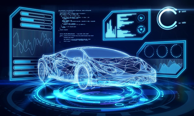 Photo creative blue car interface on dark wallpaper transport engineering future and technology concept 3d rendering