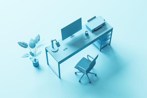 Creative blue minimalistic designer workspace with furniture\
computer monitor and other items 3d rendering