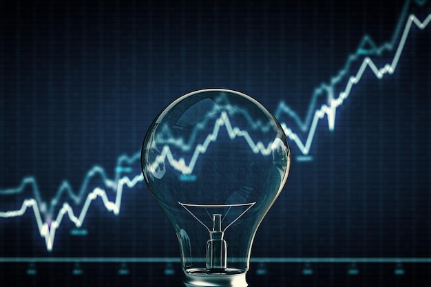 Creative blurry forex chart background with glass light bulb Innovation idea and stats concept 3D Rendering
