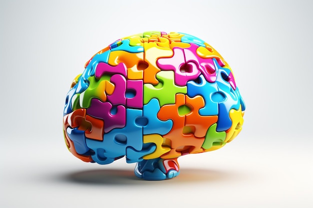 Creative brain made of colorful puzzle pieces 3D Rendering