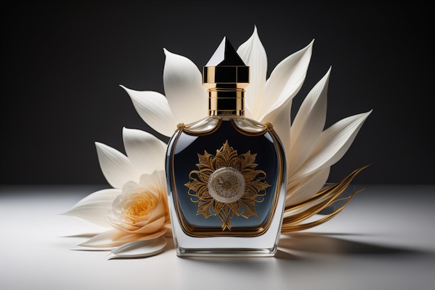 Creative and brandless Perfume bottle and flower on the wooden table closeup ai generative