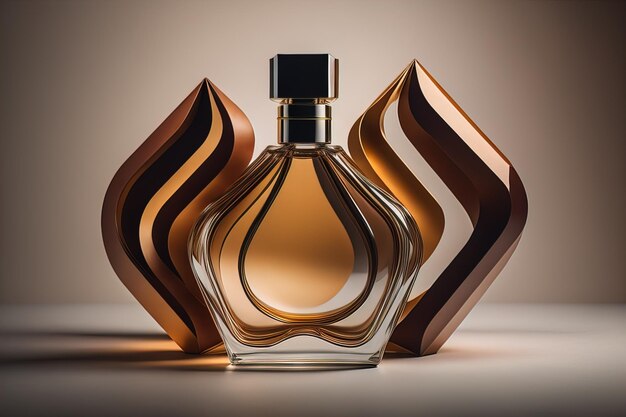 Creative and brandless Perfume bottle and flower on the wooden table closeup ai generative
