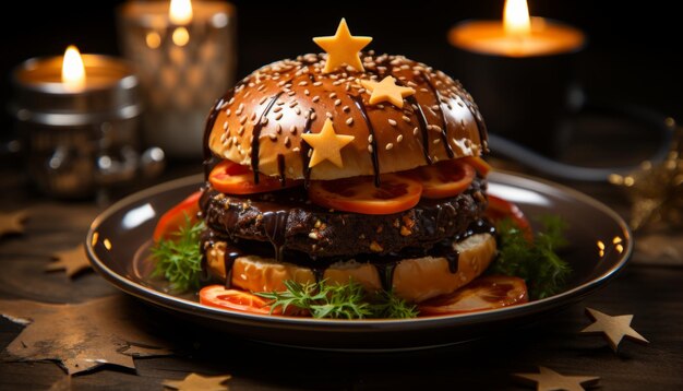 Foto burger creativo in stile di capodanno hamburger fast food decorato in decorazione festiva creato con ai