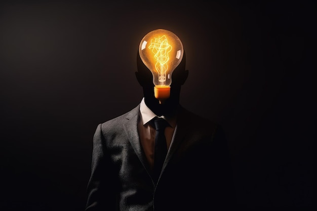 Creative business idea man with black suit and yellow bulb lamp head generative ai