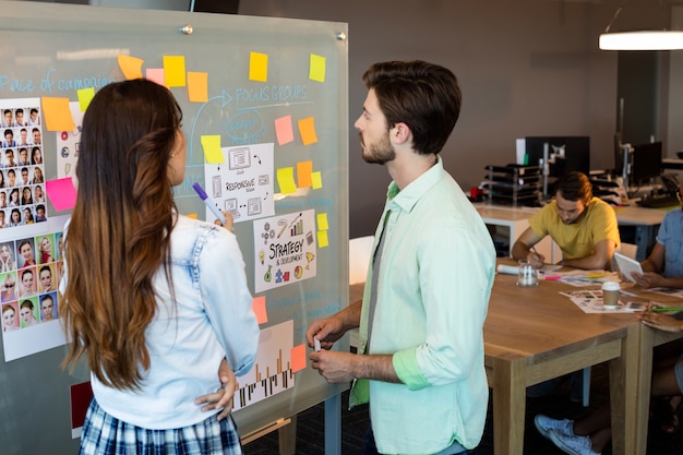 Creative business people looking at sticky notes on glass board in office