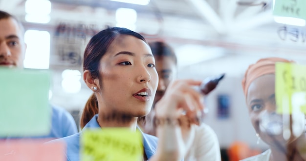 Creative business people planning and sticky note for brainstorming ideas or project at the office Group of employee designers in post it schedule and meeting plan on glass for corporate startup