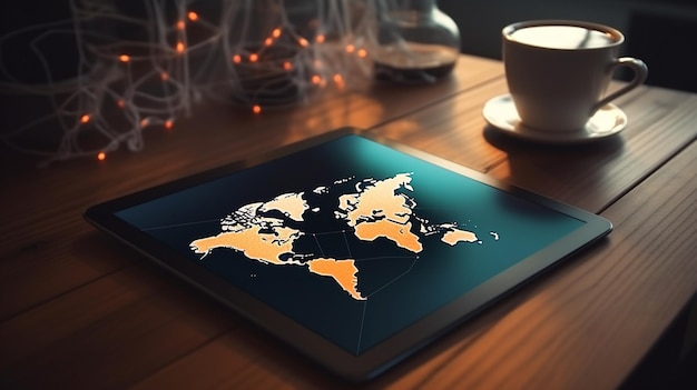 Creative business world map with computer screen and digital tablet on coffee cup concept of communication 3 d rendering