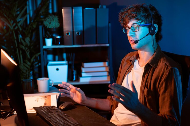 Photo creative businessman communicating with listeners on laptop screen gusher