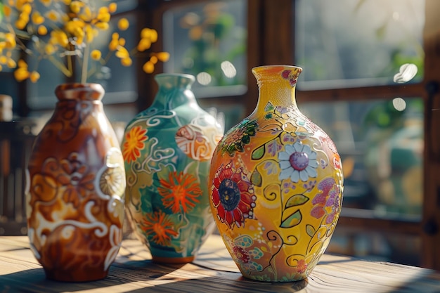 Creative ceramic vases with colorful decorative elements placed on wooden table in sunlight