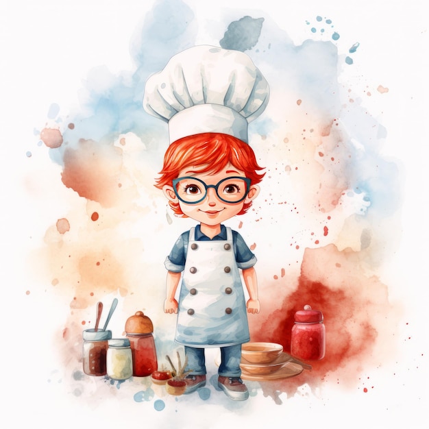 Creative Chef Adorable RedHaired Boy with Glasses and Chef Hat in Charming Watercolor Setting