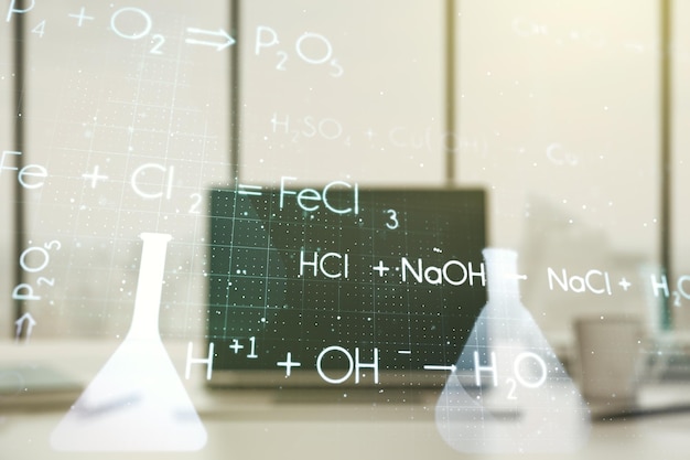 Креативная химическая голограмма на фоне современного ноутбука концепция фармацевтических исследований Multiexposure