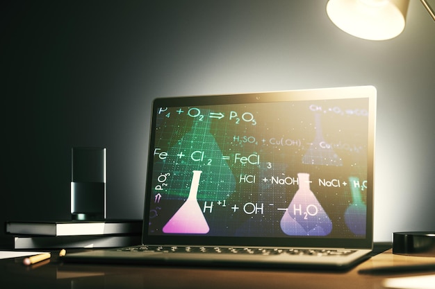 현대 노트북 모니터의 크리에이 티브 화학 홀로그램 제약 연구 개념 3D 렌더링