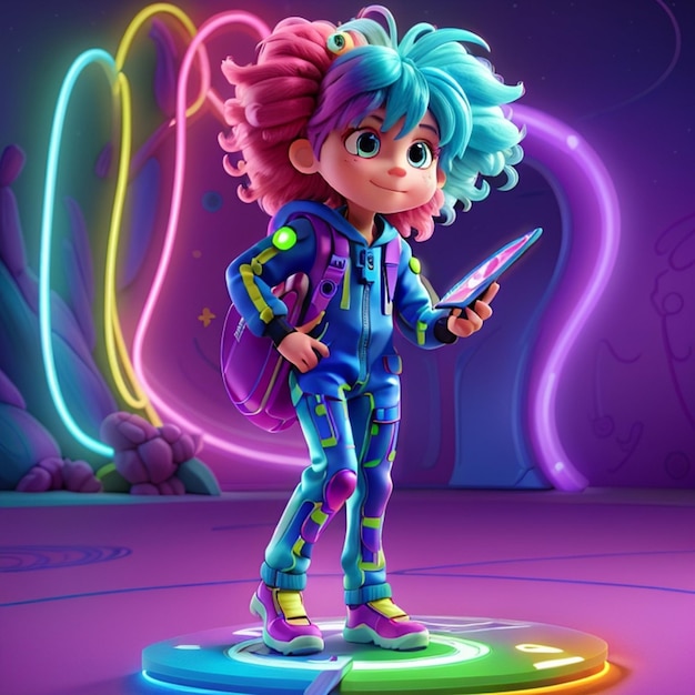 A creative child with a wild mop of multicolored neon hair that resembles an aurora
