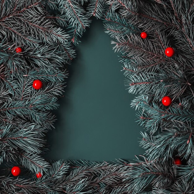 Photo creative christmas layout silhouette of a christmas tree lined with christmas tree branches on a dark green background