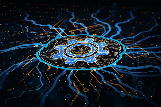 Creative circuit brain and cogwheel hologram on dark background AI artificial intelligence machine learning and neurology concept 3D Rendering