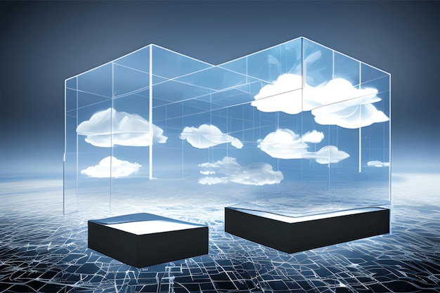 Creative cloud concept in glass cube Cloudscape digital server room information storage