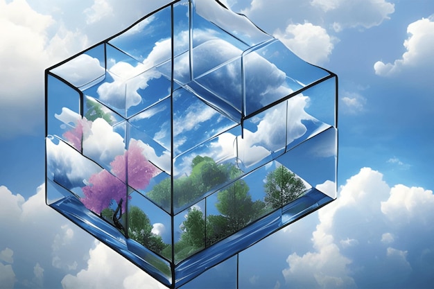 Creative cloud concept in glass cube Cloudscape digital server room information storage