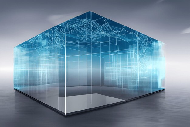 Креативная облачная концепция в стеклянном кубе Cloudscape для хранения информации в цифровой серверной комнате