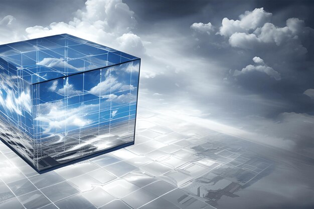 Creative cloud concept in glass cube Cloudscape digital server room information storageCreative is