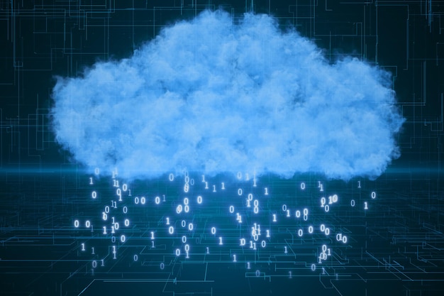 Foto ologramma di nuvola creativa con codice binario pioggia su carta da parati blu sfocata cloud computing e tecnologia concetto 3d rendering