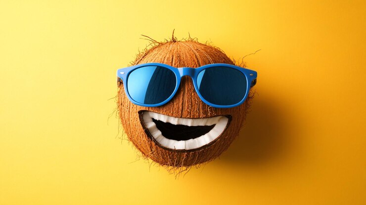 Photo creative coconut funny face with sunglasses on colorful background