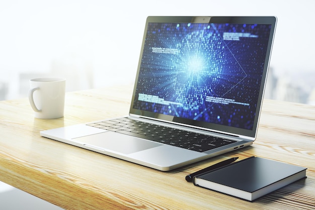 クリエイティブ・コード・スカール・ホログラム (Creative Code Skull Hologram on Modern Computer Monitor) サイバー犯罪とハッキングのコンセプト 3Dレンダリング