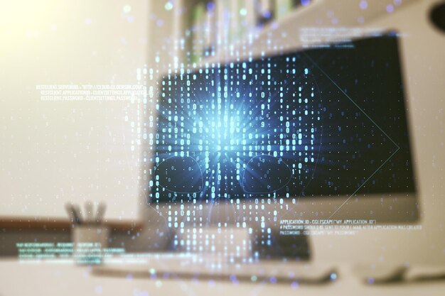 クリエイティブ・コード・スカール・ホログラム (Creative Code Skull Hologram) はサイバー犯罪とハッキングのコンセプトを背景にしたコンピュータを搭載した近代的なデスクトップです